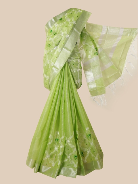 

Pothys Green & Silver-Toned Floral Zari Tissue Saree