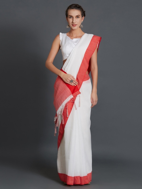 

Mitera White & Red Gotta Patti Linen Blend Saree