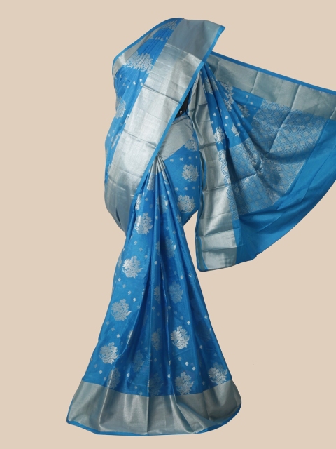 

Pothys Blue & Silver-Toned Woven Design Zari Silk Blend Saree