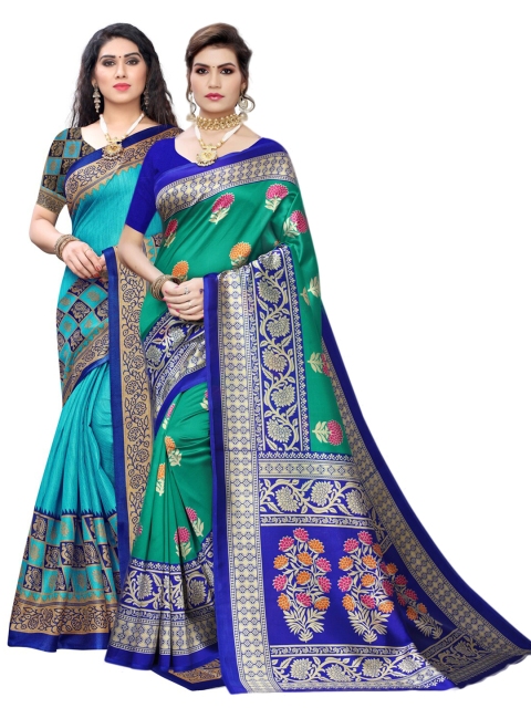 

KALINI Turquoise Blue & Green Set of 2 Ethnic Motifs Art Silk Saree