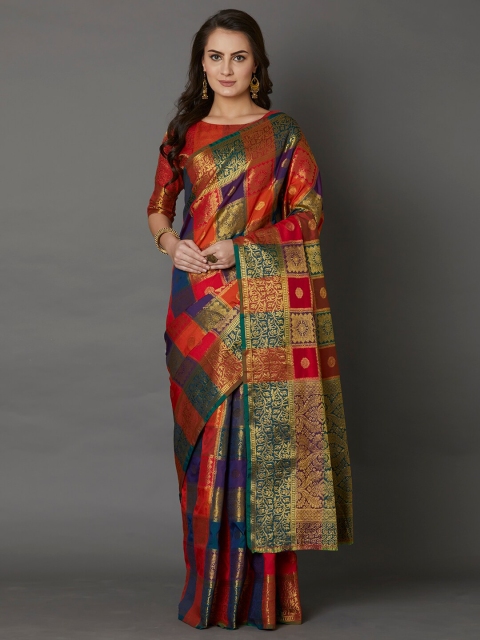 

Mitera Red & Orange Ethnic Motifs Zari Silk Blend Saree