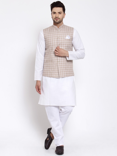 

MAXENCE Men Brown & White Pure Cotton Kurta Set With Nehru Jacket
