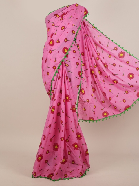 

Pothys Pink & Yellow Floral Printed Jaipur Cotton Saree