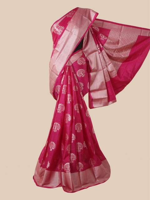 

Pothys Pink Ethnic Motifs Silk Blend Tussar Saree