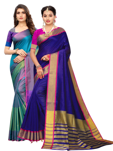 

KALINI Turquoise Blue & Green Pack of 2 Woven Design Saree