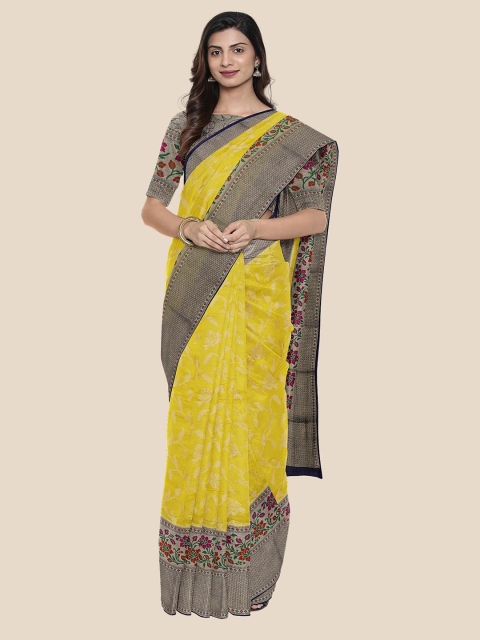 

KLM Fashion Mall Yellow & Navy Blue Floral Silk Blend Banarasi Saree