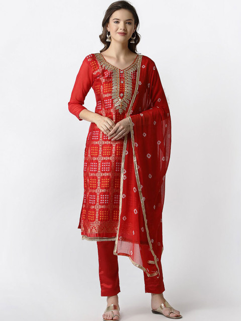 

Satrani Red & Gold-Toned Unstitched Dress Material