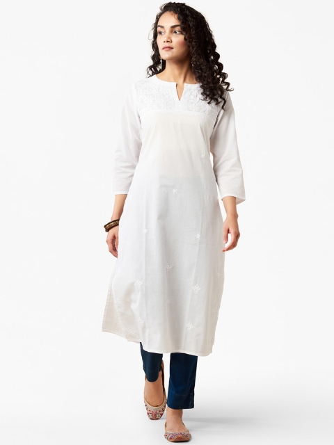 

Fabindia Women White Keyhole Neck Chikankari Kurta