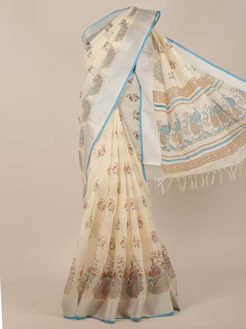

Pothys Cream-Coloured & Blue Floral Printed Saree