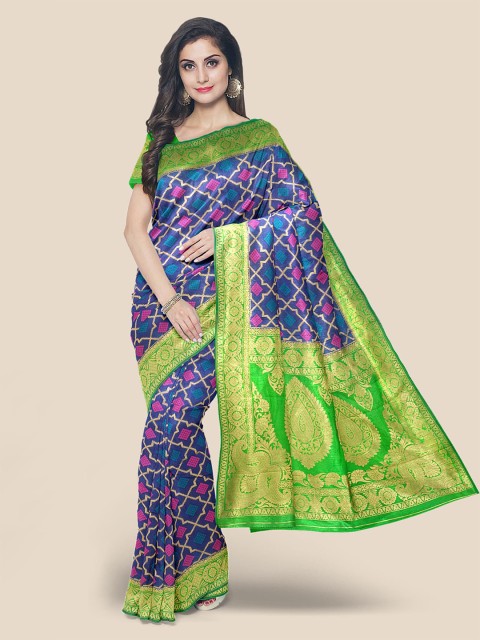 

KLM Fashion Mall Navy Blue & Green Ethnic Motifs Silk Blend Banarasi Saree