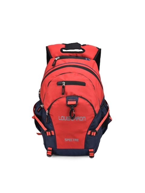

LOUIS CARON Unisex Red & Navy Blue Colourblocked Backpack with Earphone Gate