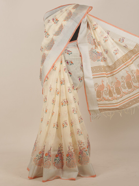 

Pothys Cream Coloured Floral Printed Cotton Blend Saree