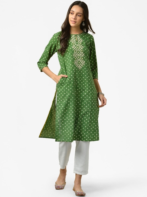 

Fabindia Women Green Geometric Printed Thread Work Kurta