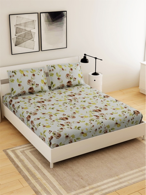 

Salona Bichona Green & Brown Floral 144 TC King Bedsheet with 2 Pillow Covers