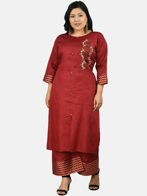 

PrettyPlus by Desinoor.com Women Maroon Embellished Kurti with Palazzos