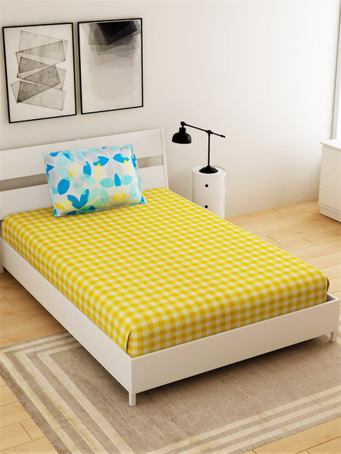 

Salona Bichona Yellow & White Striped 144 TC Single Bedsheet with 1 Pillow Covers