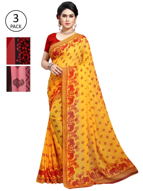 

KALINI Pack Of 3 Ethnic Motifs Sarees, Pink