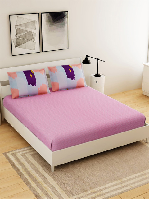 

Salona Bichona Pink & White 144 TC Queen Bedsheet with 2 Pillow Covers