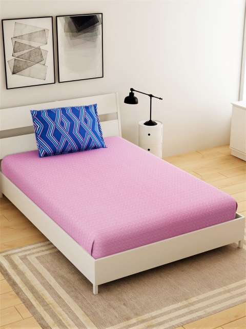 

Salona Bichona Pink & Blue Striped 144 TC Single Bedsheet with 1 Pillow Covers