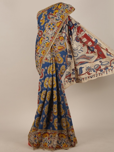 

Pothys Blue & Yellow Kalamkari Saree
