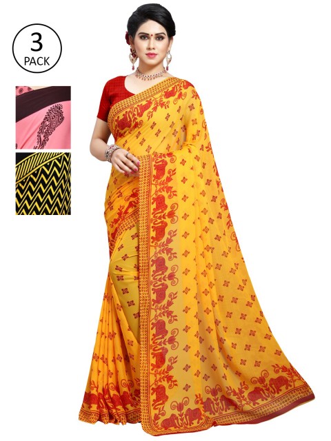 

KALINI Pack Of 3 Poly Georgette Printed Sarees, Black