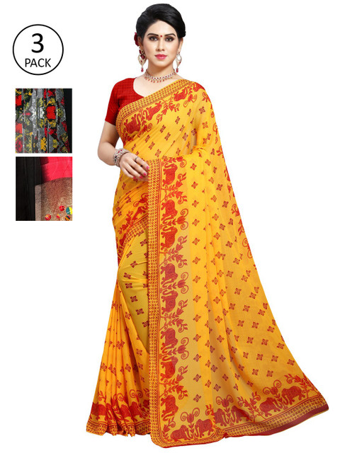 

KALINI Pack Of 3 Poly Georgette Printed Sarees, Black