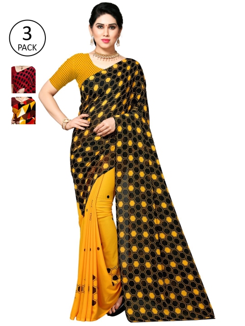

KALINI Pack of 3 Poly Georgette Saree, Yellow