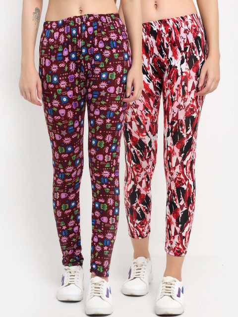 

NEUDIS Women Pack Of 2 Printed Skinny-Fit Ankle-Length Leggings, Maroon