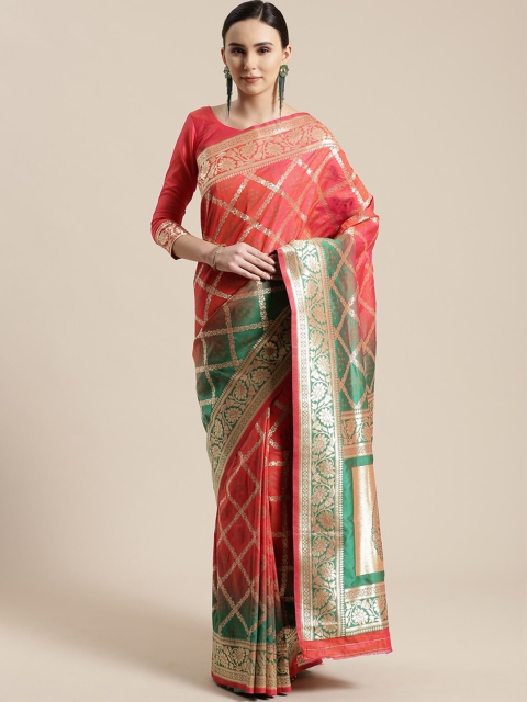 

Saree mall Peach & Green Checked Silk Blend Sarees