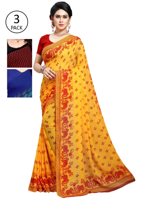 

KALINI Pack of 3 Poly Georgette Sarees, Yellow
