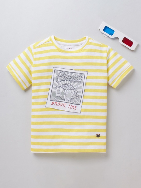

Ed-a-Mamma Kids Yellow White Striped With Printed Patch Sustainable Pure Cotton T-shirt