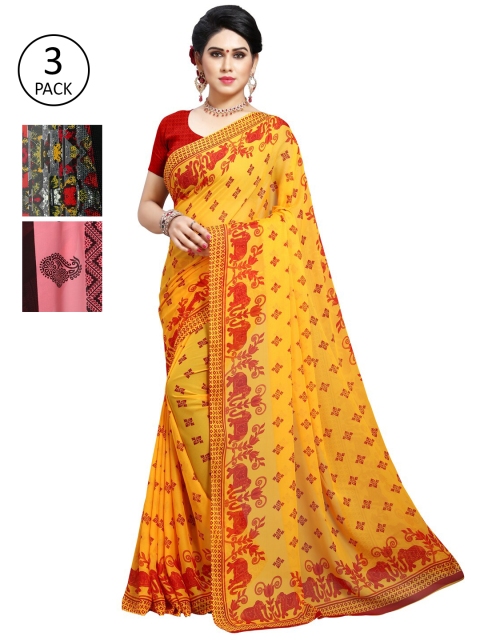 

KALINI Pack of 3 Printed Poly Georgette Saree, Red