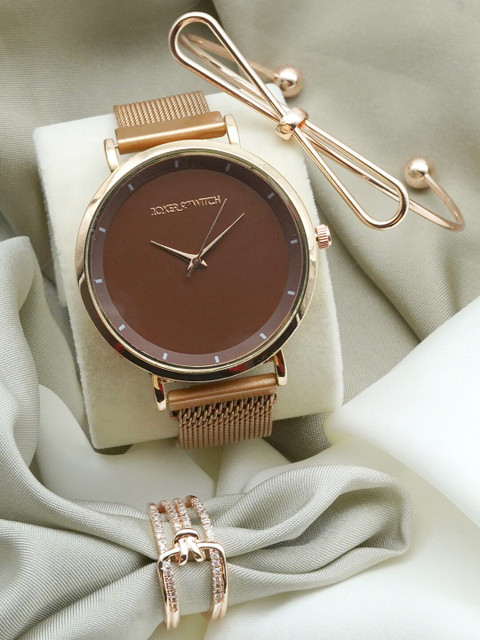 

JOKER & WITCH Women Brown & Rose Gold-Toned Almond Blossom Love Triangle Watch Gift Set-JWLT219