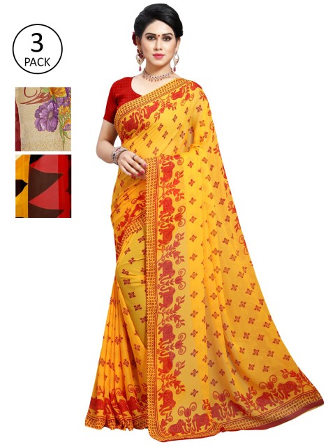 

KALINI Pack of 3 Printed Poly Georgette Saree, Yellow