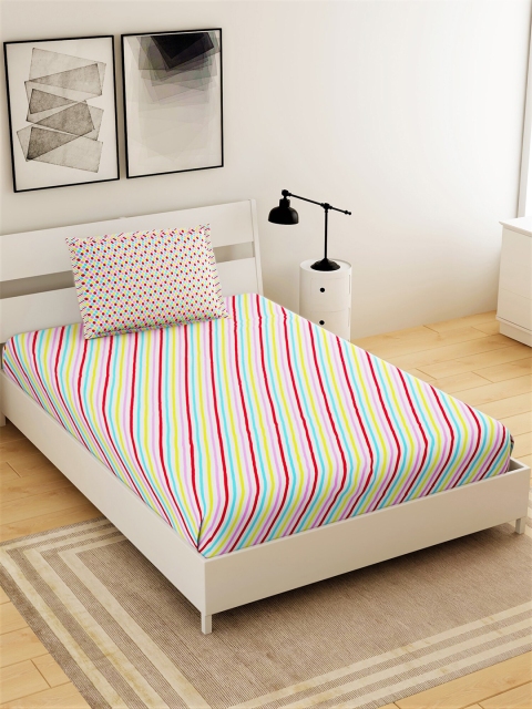 

Salona Bichona Multi Striped 144 TC Single Bedsheet with 1 Pillow Covers