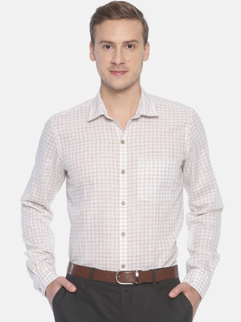 COUPER & COLL Men Cream-Coloured Slim Fit Checked Formal Shirt