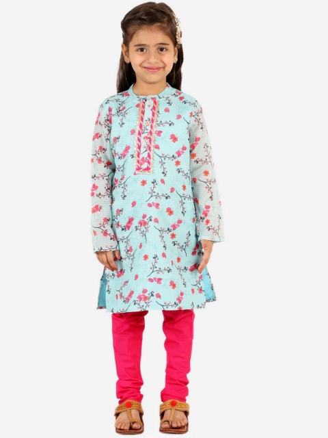 

Lil Peacock Girls Blue & Fuchsia Coloured Floral Printed Handloom Kurta With Churidar