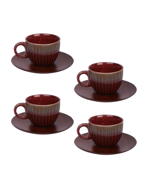 

Aapno Rajasthan Set Of 4 Maroon Textured Ceramic Glossy Cups & Saucers