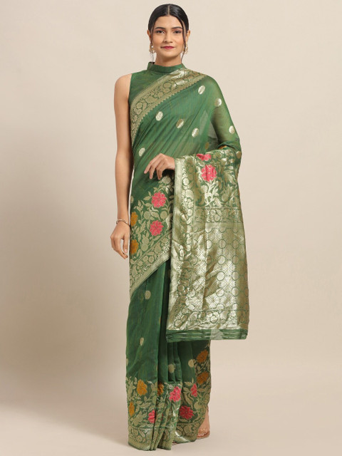 

Saree mall Green & Pink Floral Linen Blend Sarees