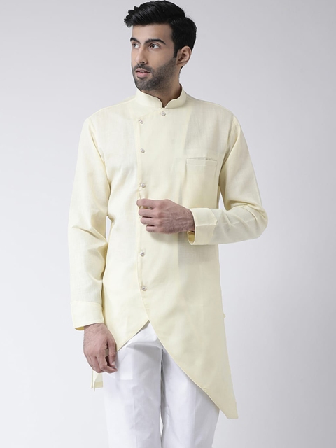 

SG LEMAN Men Cotton Yellow Solid Mandarin Collar Asymmetric Kurta