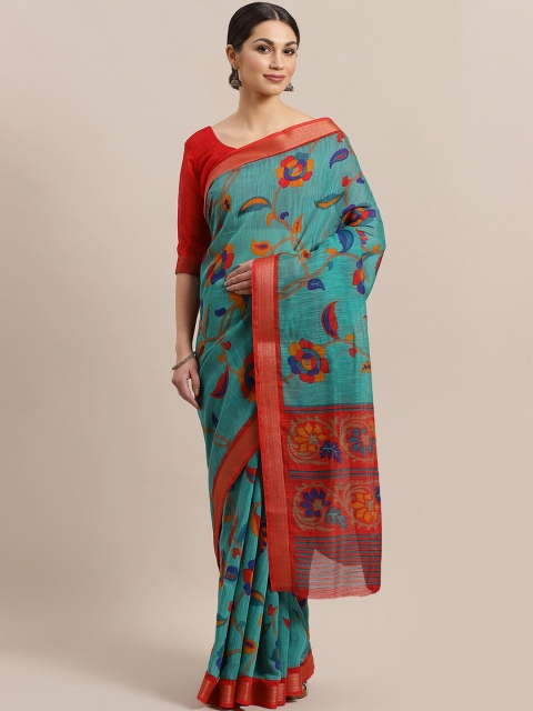 

Saree mall Sea Green & Red Floral Silk Cotton Sarees