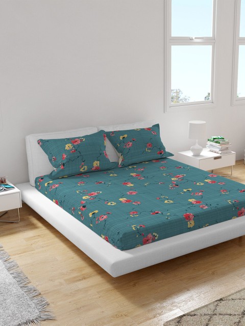 

Himeya Teal & Pink Floral 300 TC King Sustainable Bedsheet with 2 Pillow Covers