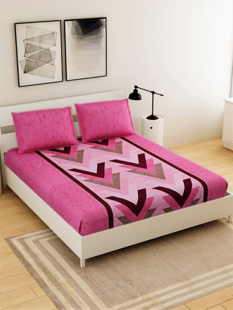 

Salona Bichona Magenta & Brown Striped 144 TC Queen Bedsheet with 2 Pillow Covers