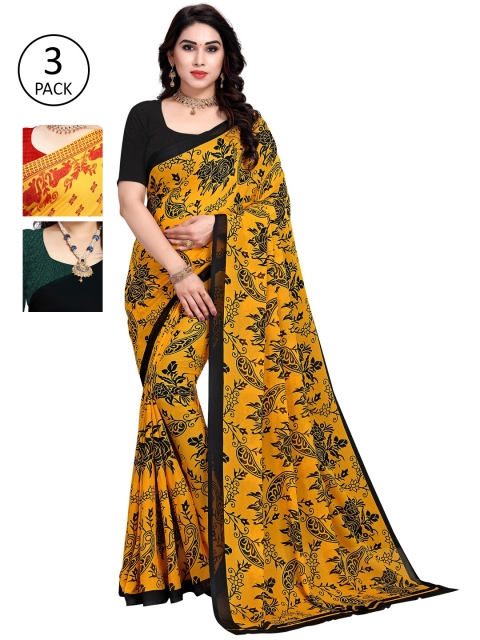 

KALINI Pack of 3 Poly Georgette Sarees, Yellow