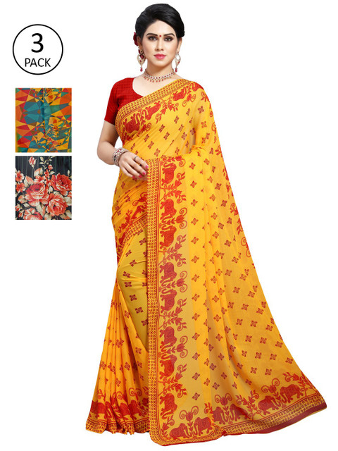 

KALINI Pack of 3 Printed Poly Georgette Saree, Yellow