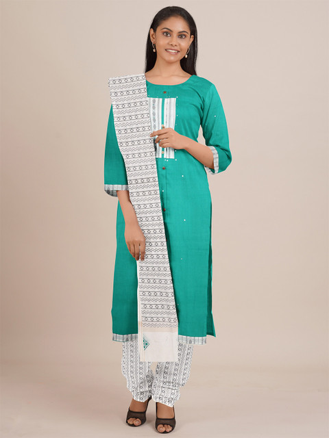 

Pothys Sea Green & White Unstitched Dress Material