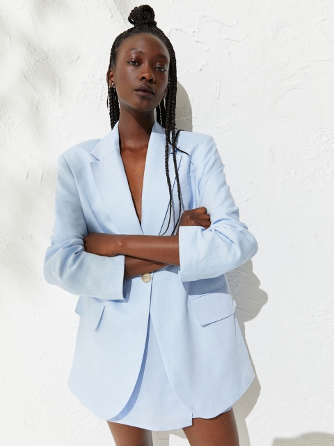 

H&M Women Blue Single -Breasted Linen Blend Oversized Blazer