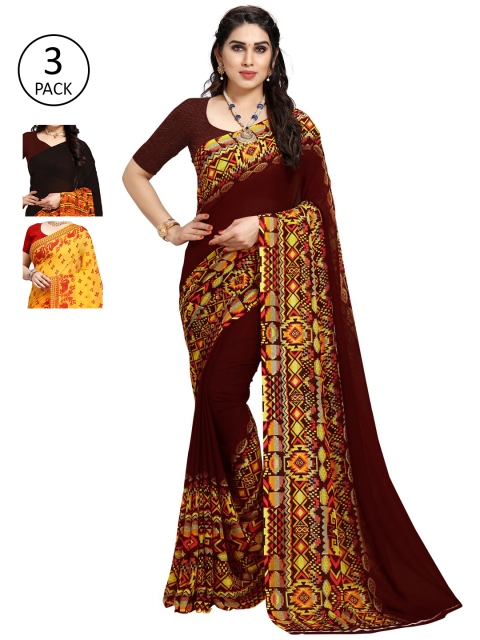 KALINI Pack Of 3 Poly Georgette Printed Sarees, Black