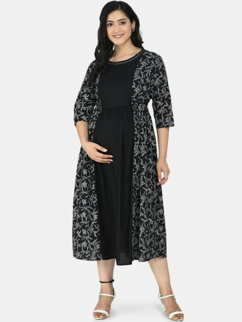 

Aaruvi Ruchi Verma Black Floral Maternity A-Line Midi Dress