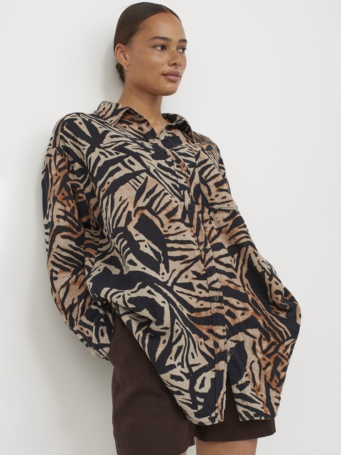 

H&M Women Beige & Black Printed Oversized Linen-Blend Shirt